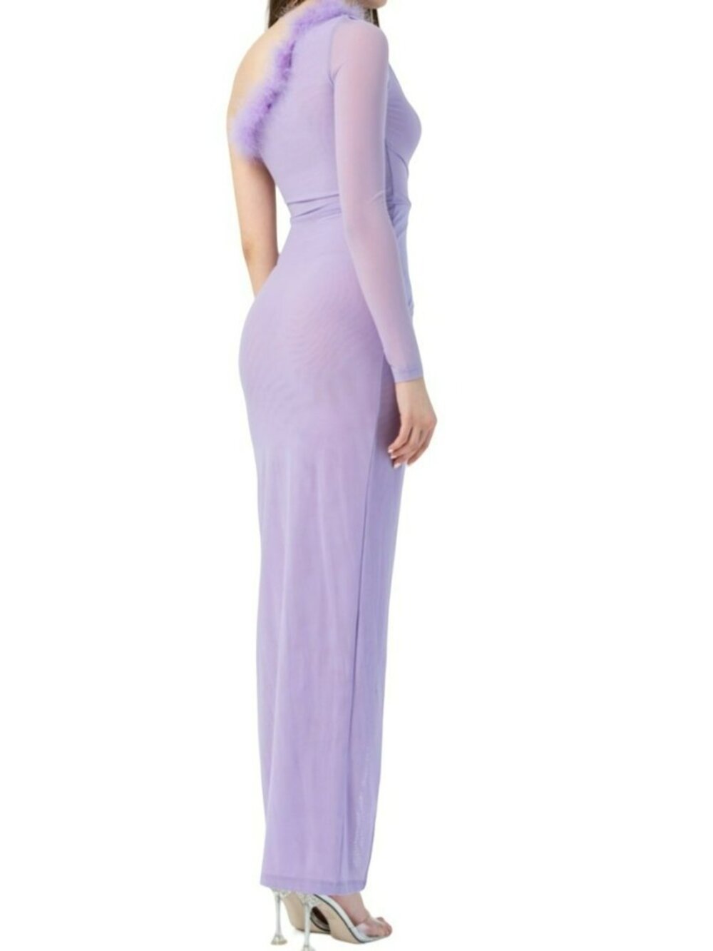 KikiRiki Feathered One Shoulder Front Slit MaxiDress Lilac Purple Size Small NWT